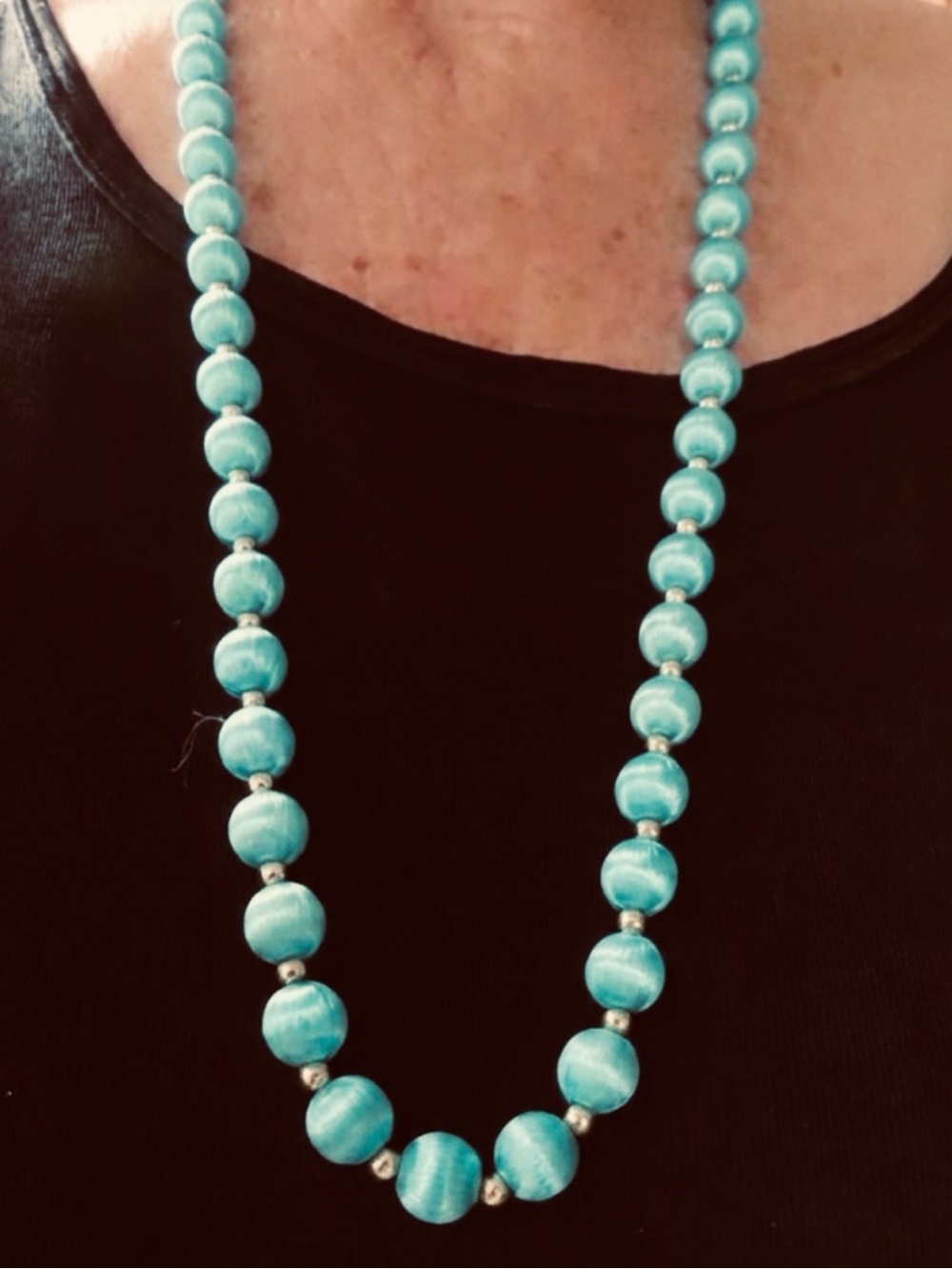 Vintage 1960's Satin Light Blue Colored Bead & Gold Bead Classic Necklace